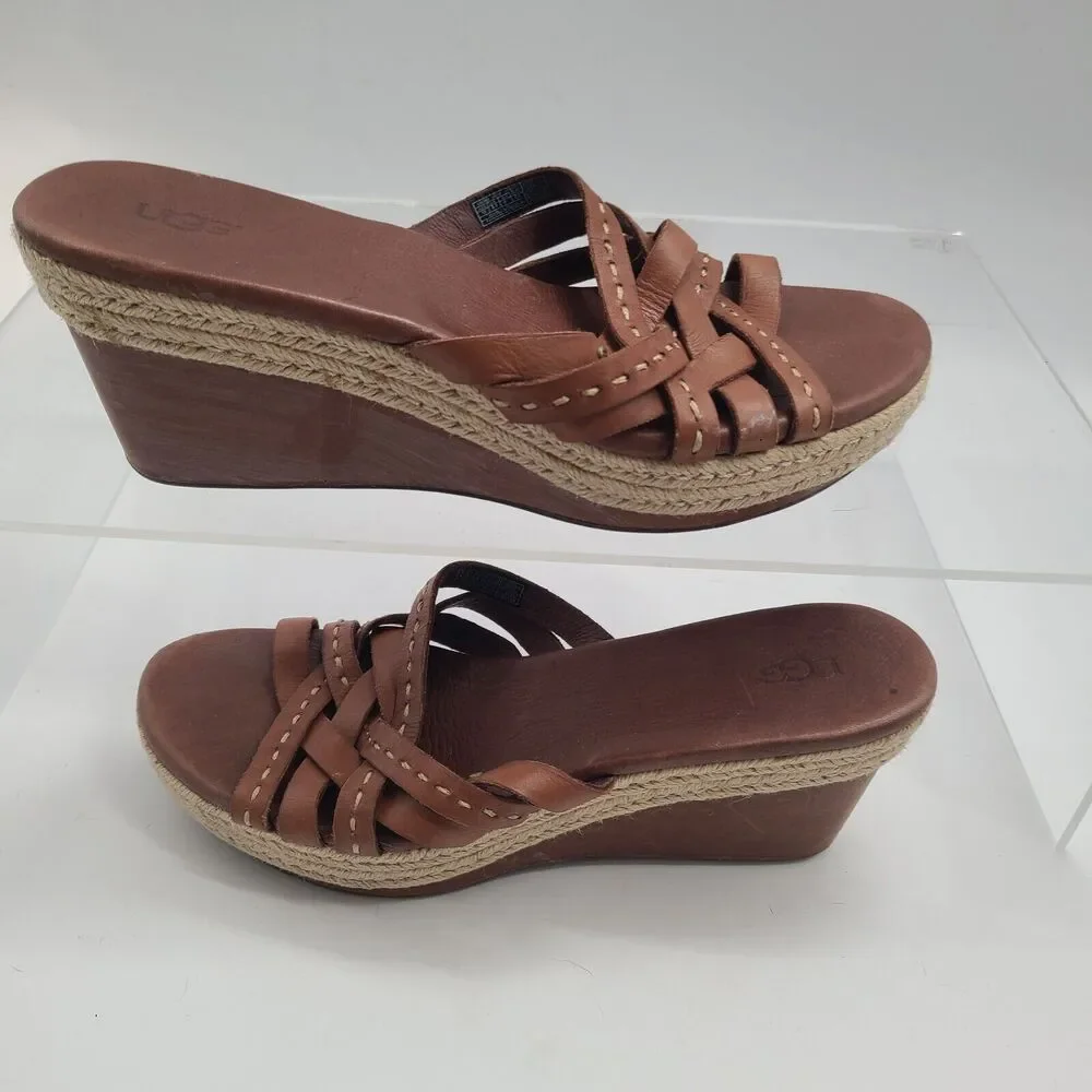 UGG BROWN ADDYSON LEATHER WEDGE PLATFORM SANDALS OPEN TOE WOMENS SIZE 10